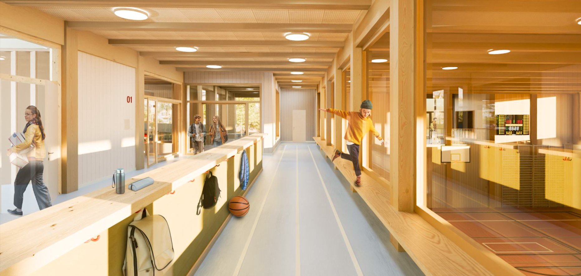 3D Architekturvisualisierung einer Schul und Sportanlage in Zürich Seefeld, Holzbau, Innenraum Render für Schule und Sportkomplex.