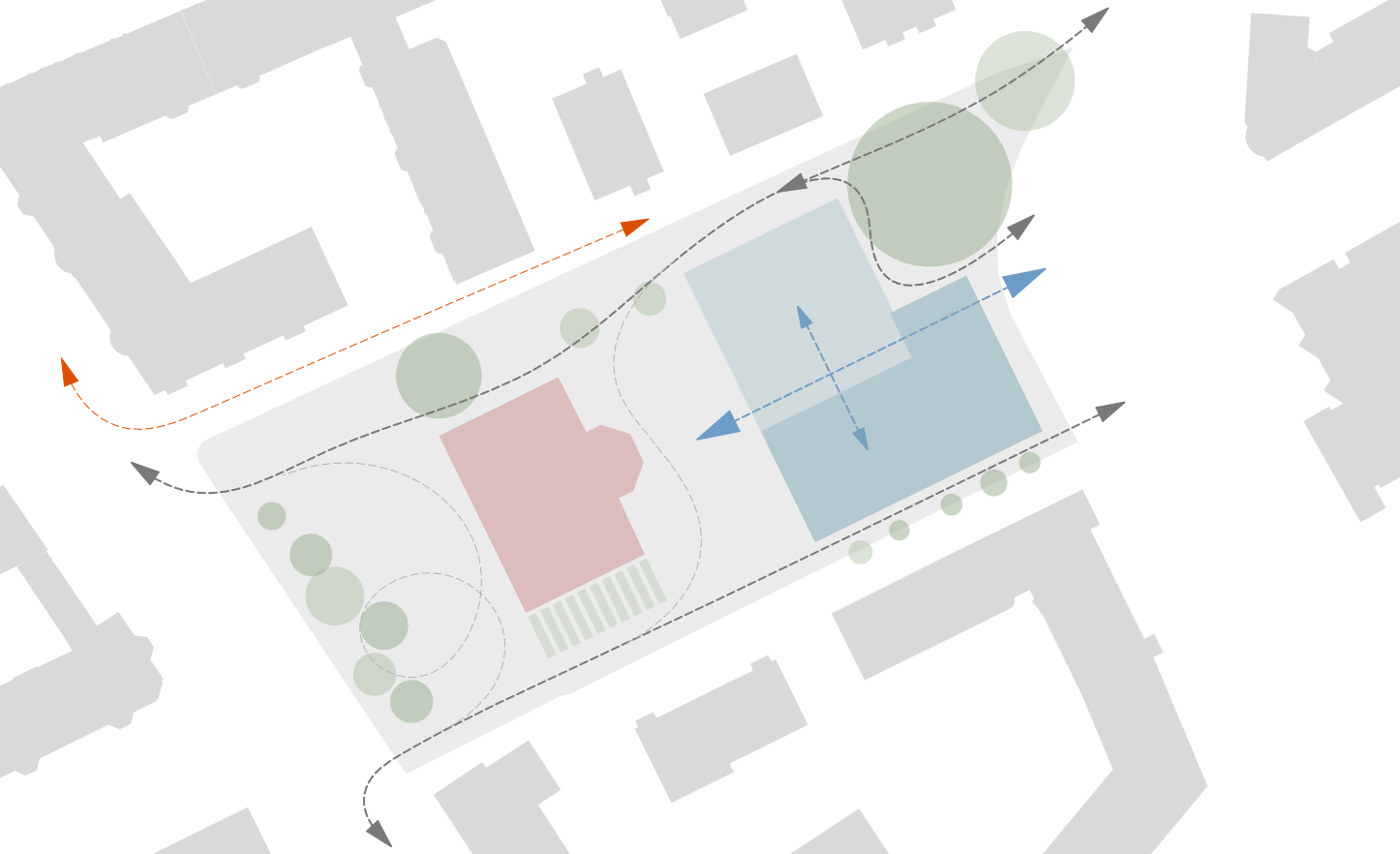 Umgebungsplan der Sporthalle Seefeld in Zürich mit Darstellung von Erschliessung, Fusswegverbindungen, Freiräumen, Baumstandorten und funktionalen Bezügen zum Quartier