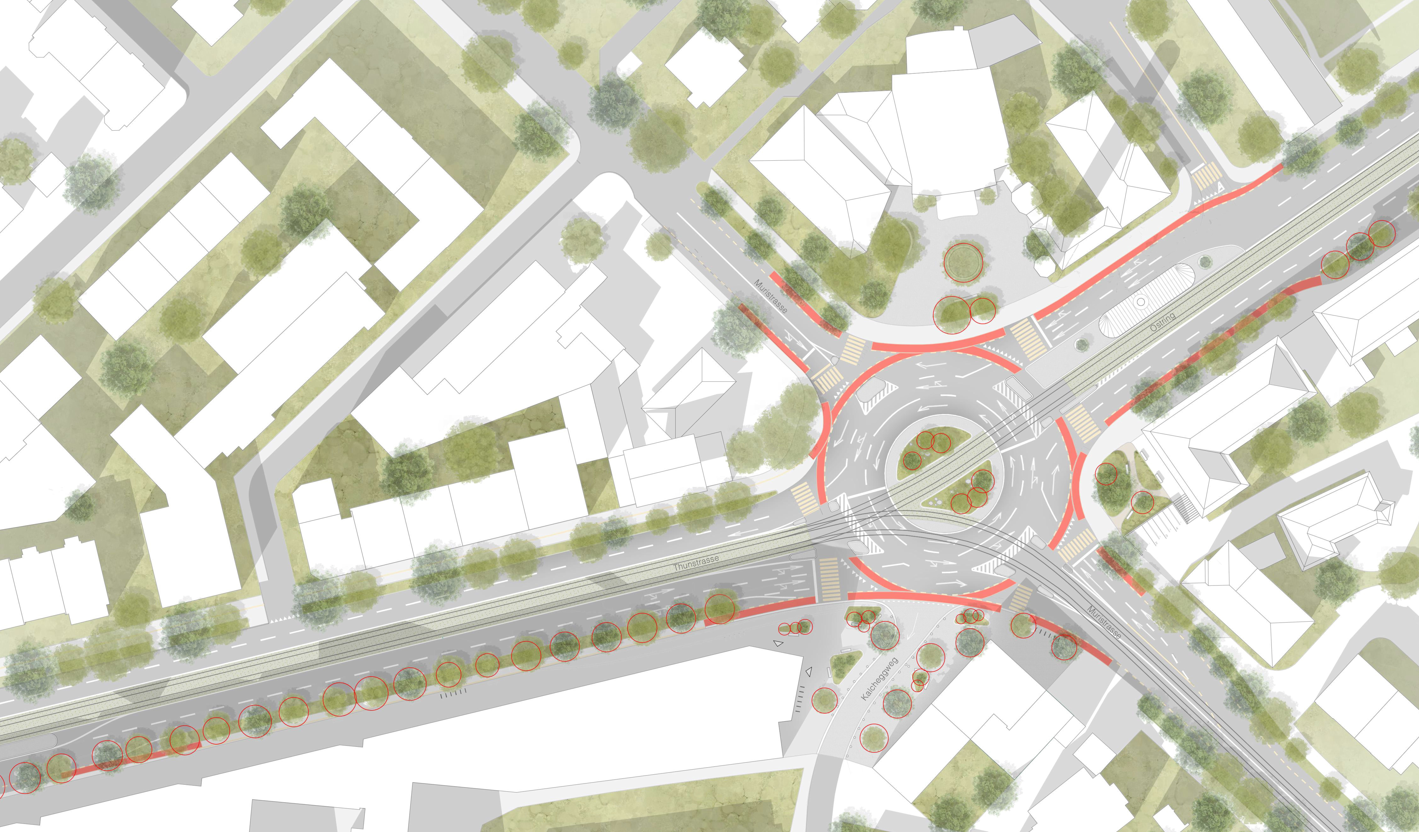 Landschaftsarchitektur für den Kreisel Bern Burgernziel mit Begrünungskonzept, Freiraumplanung, Schwammstadtprinzip, klimaangepasster Baumpflanzung und Regenwasserrückhaltung im städtischen Raum.