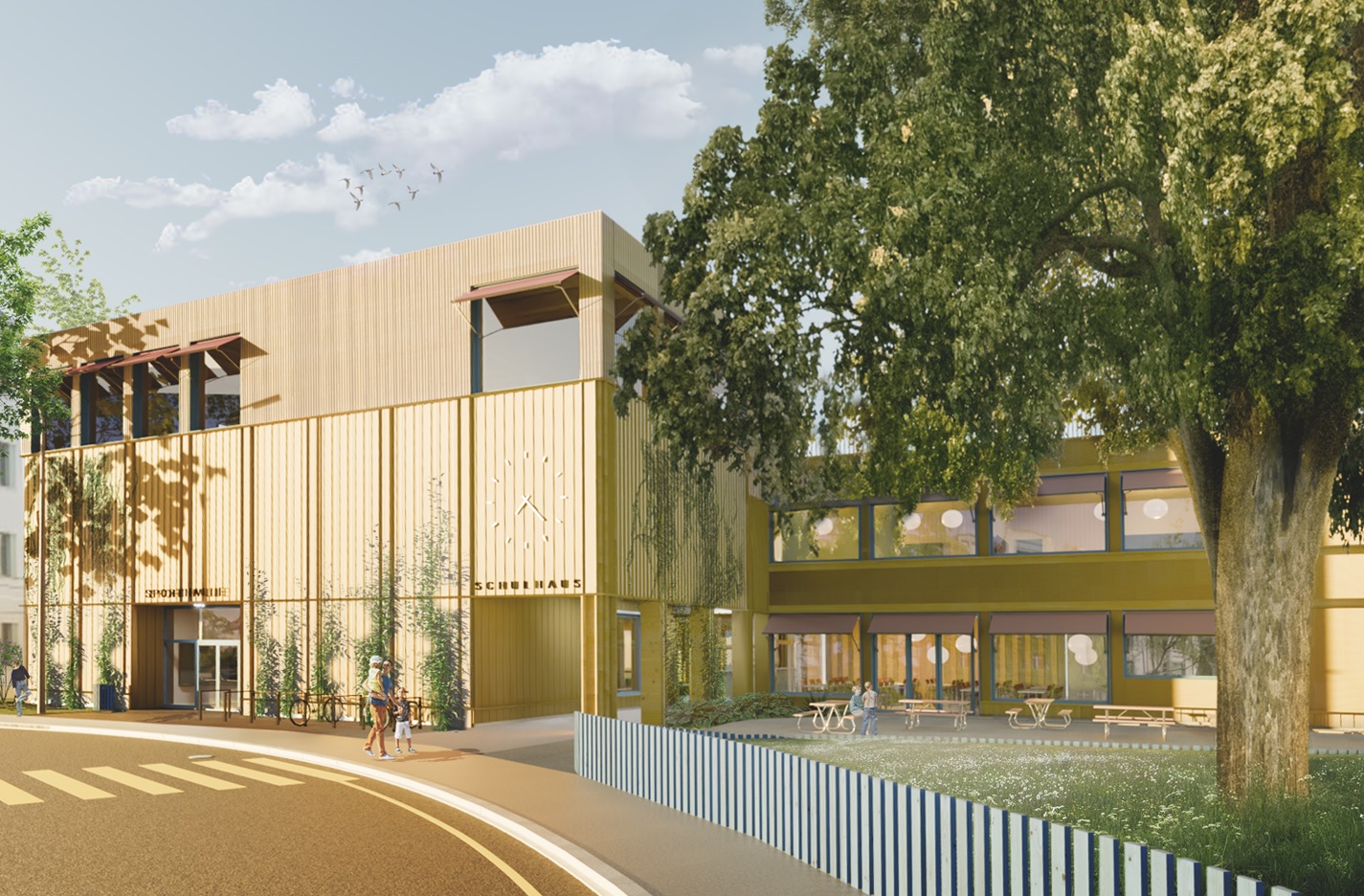 Schulgebäude mit Doppelsporthalle in Holzbauweise in Zürich Seefeld, klare Architektur, integrierte Aussenräume.