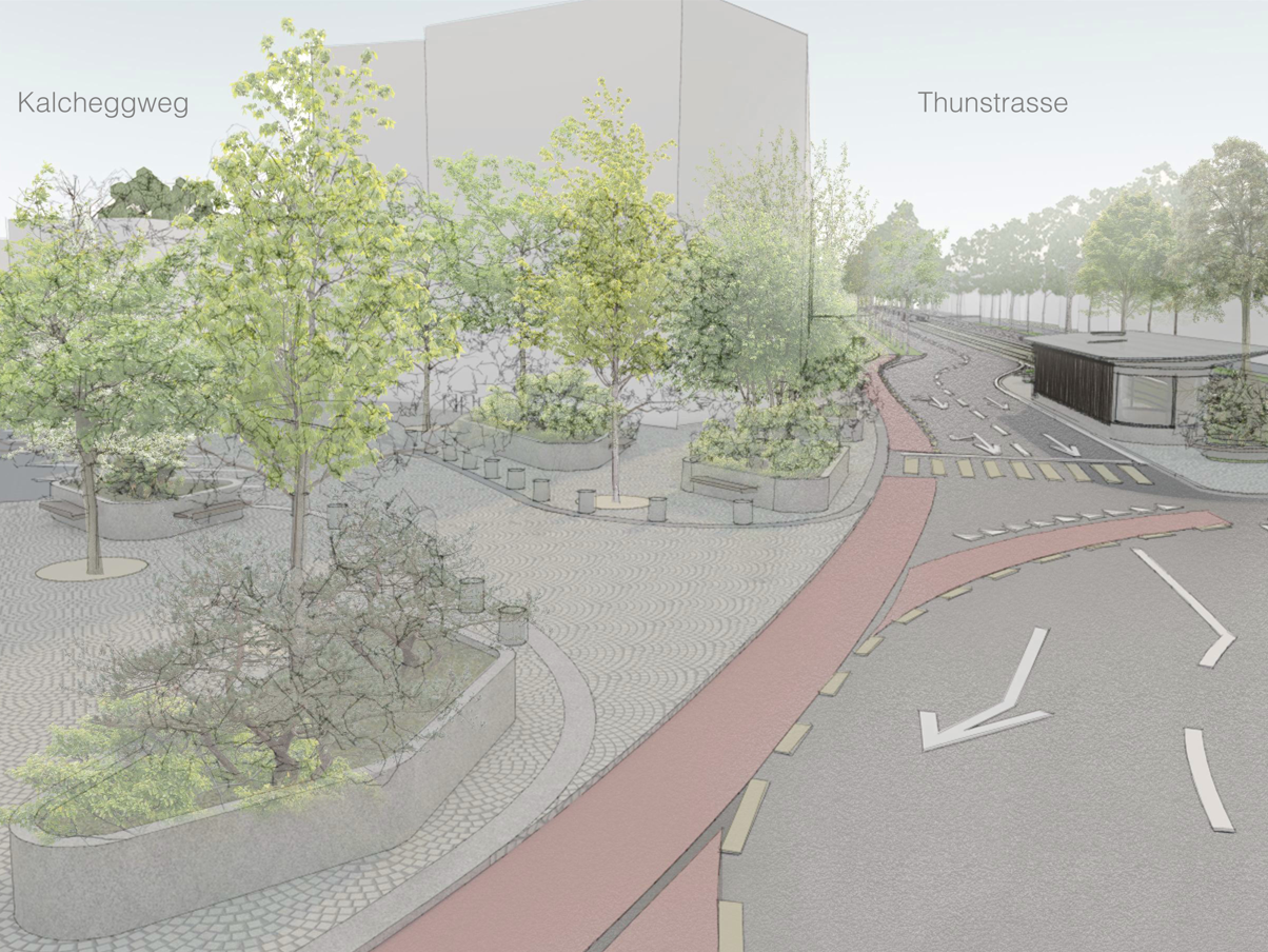 Landschaftsarchitektur, Begrünungskonzept für den Kreisel Bern Burgernziel als öffentlicher Aufenthaltsort mit Bäumen, Freiraumplanung, Schwammstadtprinzip und Flächen für Begegnung und Aufenthalt im urbanen Raum.