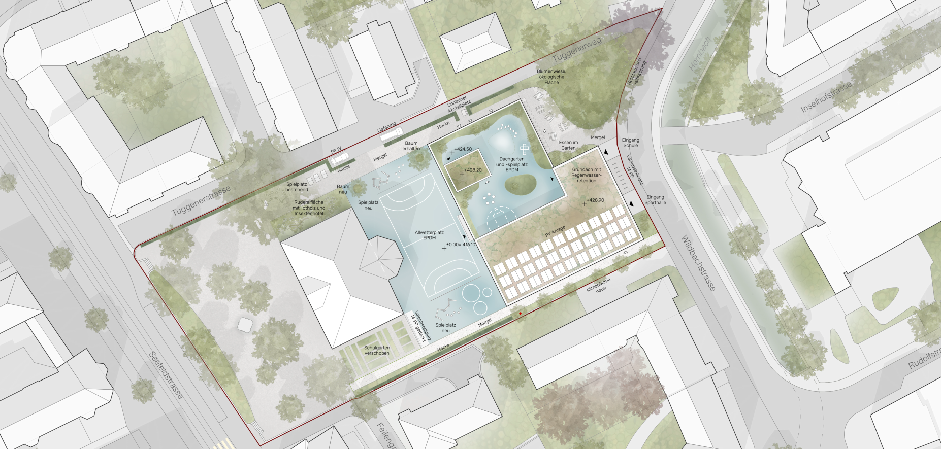Situationsplan der Sporthalle Seefeld in Zürich mit Schulareal, Sportflächen, Wegen, Grünräumen und Einbindung in das umliegende Quartier