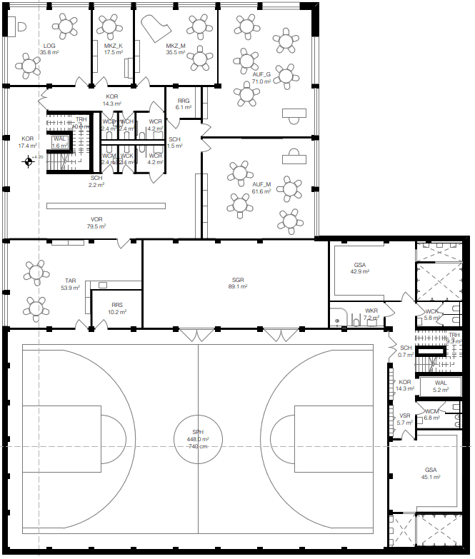 Grundriss Obergeschoss 1 der Sporthalle Seefeld mit Garderoben, Unterrichtsräumen und BASPO-Sporthalle.