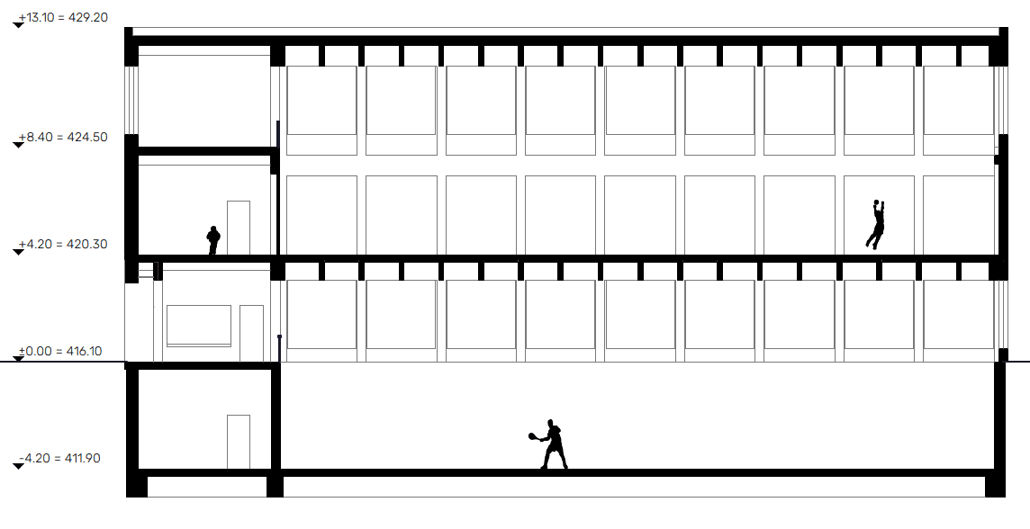 Schnitt Sporthalle Zürich in Holzbauweise mit klarer Tragstruktur, grosszügigem Hallenraum und sichtbarer Konstruktion