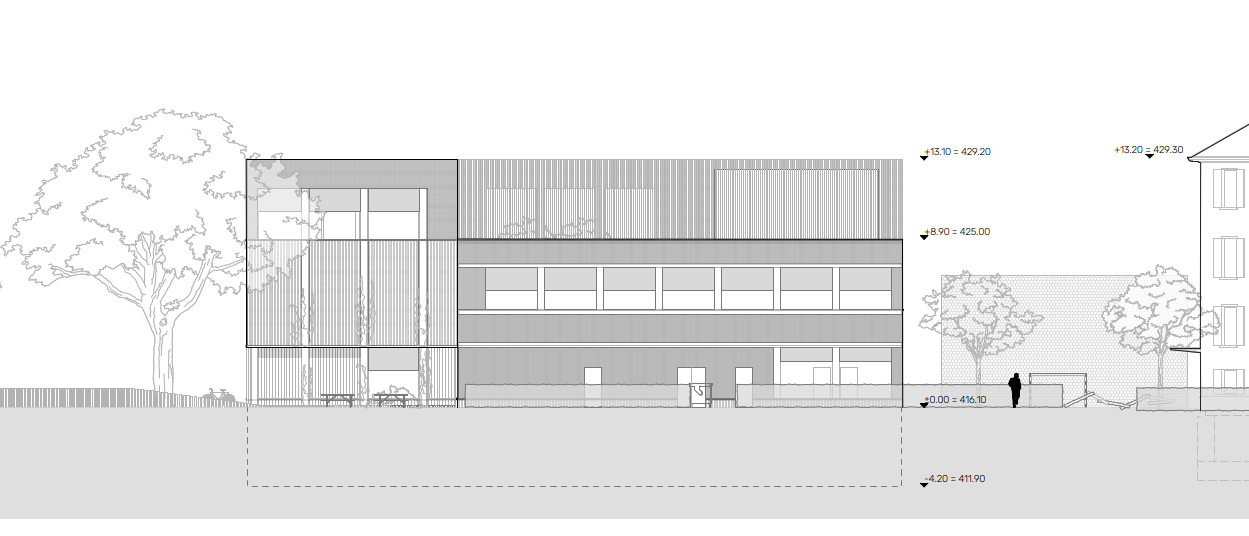 Ostansicht Sporthalle Seefeld, Neubau in Holzbauweise neben denkmalgeschützter Schule.