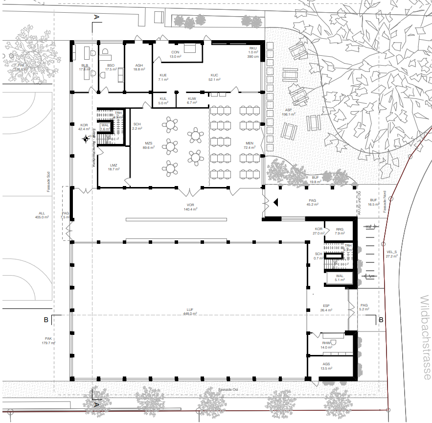 Erdgeschossgrundriss der Sporthalle Seefeld mit BASPO-Sporthalle, Mensa und Lehrerzimmern.