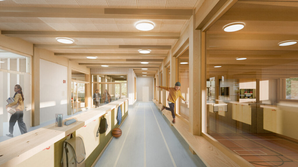 Innenraum des Schul- und Sportkomplexes Seefeld in Zürich-Mühlebach: Korridor in Holzbauweise mit Blick in die Sporthalle