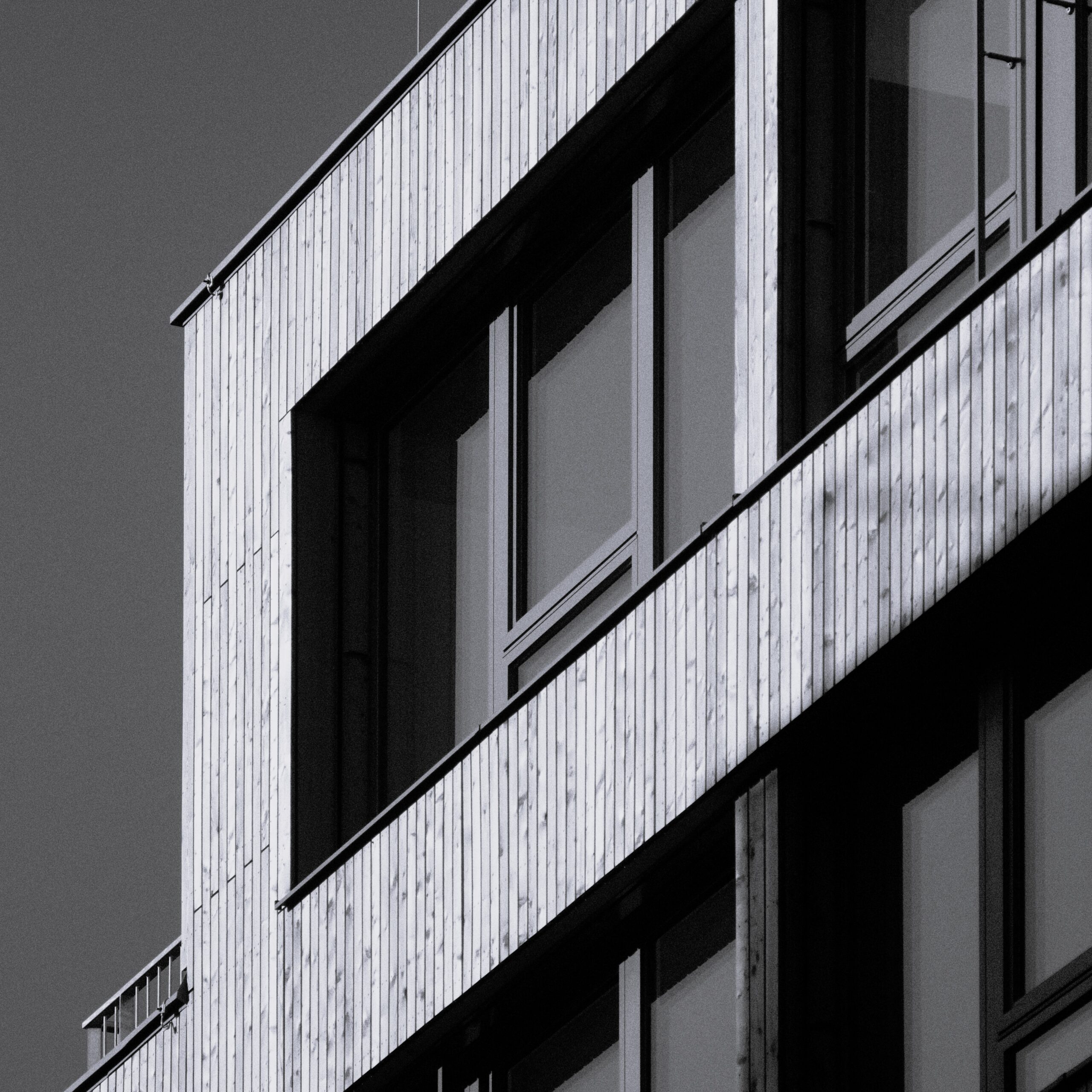 Holzfassade eines mehrgeschossigen Wohngebäudes in Schwarz-Weiss