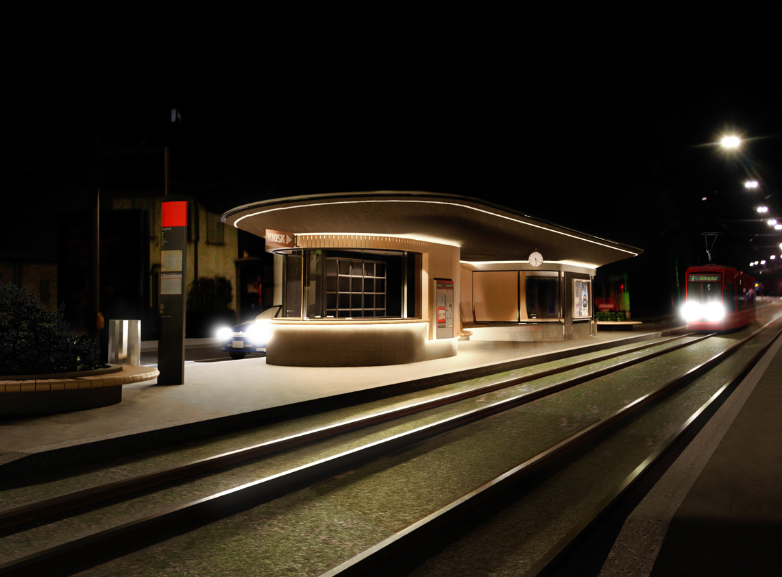 Tramhaltestelle Bern Burgernziel bei Nacht mit LED Beleuchtung, restaurierte klassische Schweizer Architektur, verglaste Kioskfassaden, Holzverkleidung und integrierter Tramverkehr.