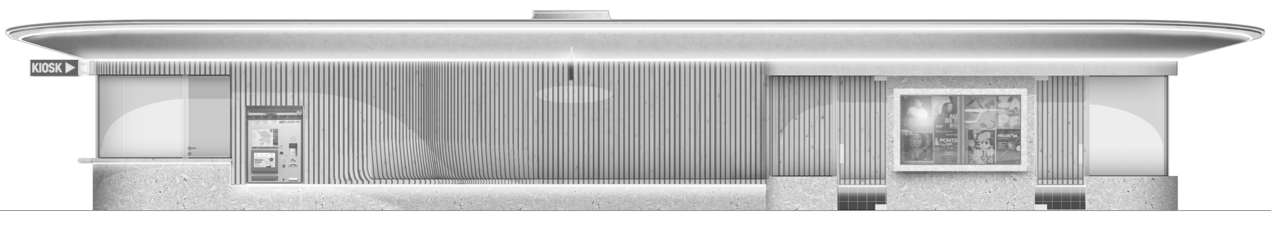 Hauptbild der Über uns Seite, Planungsbüro HOKI, 2D Visualisierung der Tramhaltestelle Burgernziel in Bern in Schwarz Weiss mit renovierter Holzfassade, Architekturdarstellung der bestehenden Struktur mit Kiosk, Wartebereich und integrierter Möblierung.