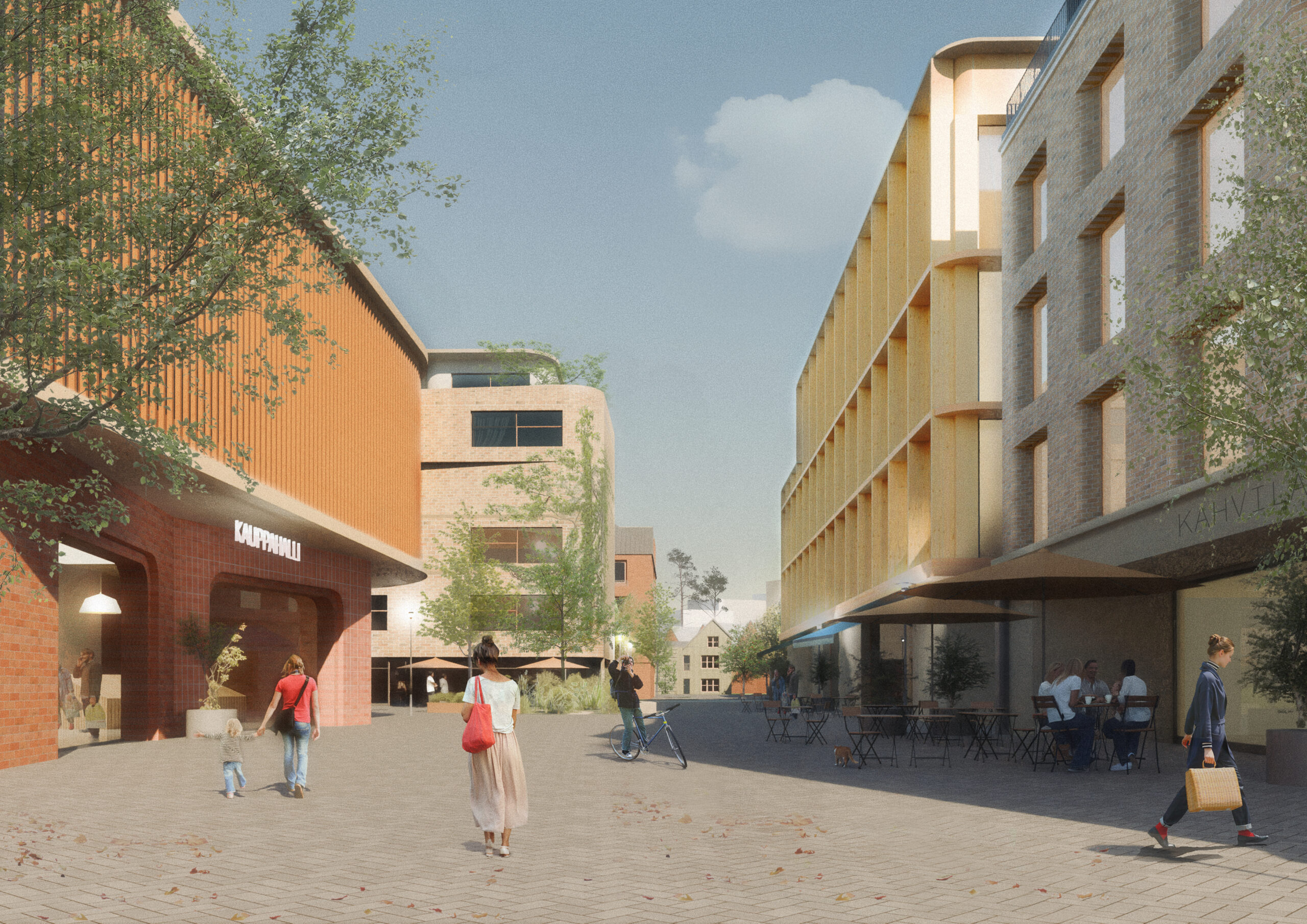 Photorealistische Architekturvisualisierung des Stadtzentrums Vuores bei Tampere mit Einkaufsbereich und Bürogebäude in Holzbauweise, lebendige Stadtszene als Entwurfsdarstellung