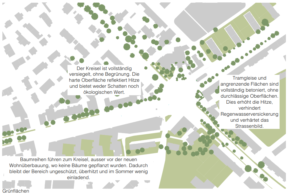Grünflächen und Baumbestand am Burgernziel in Bern, Analyse der versiegelten Verkehrsflächen und fehlender Durchlässigkeit im Bereich des Kreisels