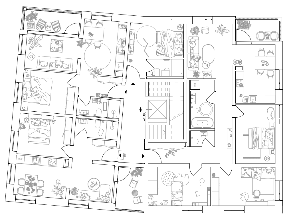 Grundriss eines oberen Wohngeschosses mit kompakten Grundrissstrukturen, differenzierten Wohnräumen und ruhiger Fassadenorientierung