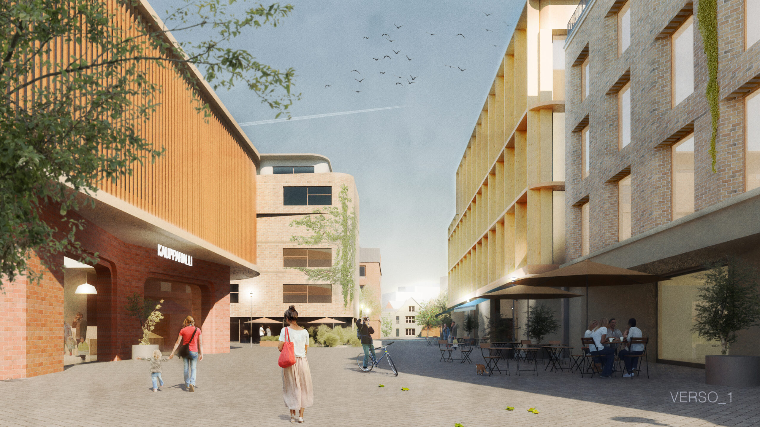 Photorealistische Architekturvisualisierung des Stadtzentrums Vuores bei Tampere mit Einkaufsbereich und Bürogebäude in Holzbauweise, lebendige Stadtszene als Entwurfsdarstellung.