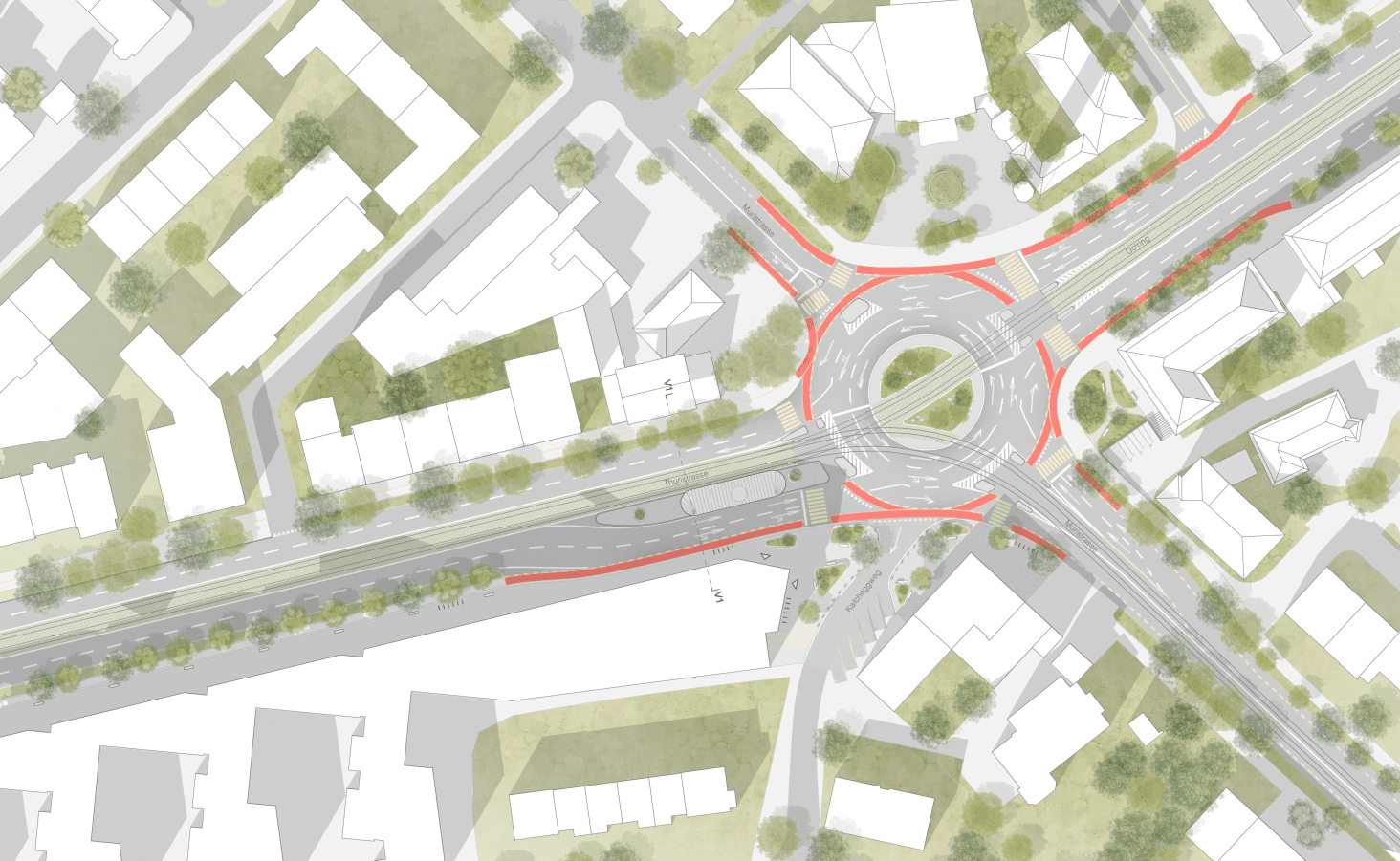 Variante 1 am Burgernziel in Bern, Lageplan mit umgestaltetem Kreisel, klar geführten Verkehrsflächen, sicheren Querungen und integrierter Begrünung