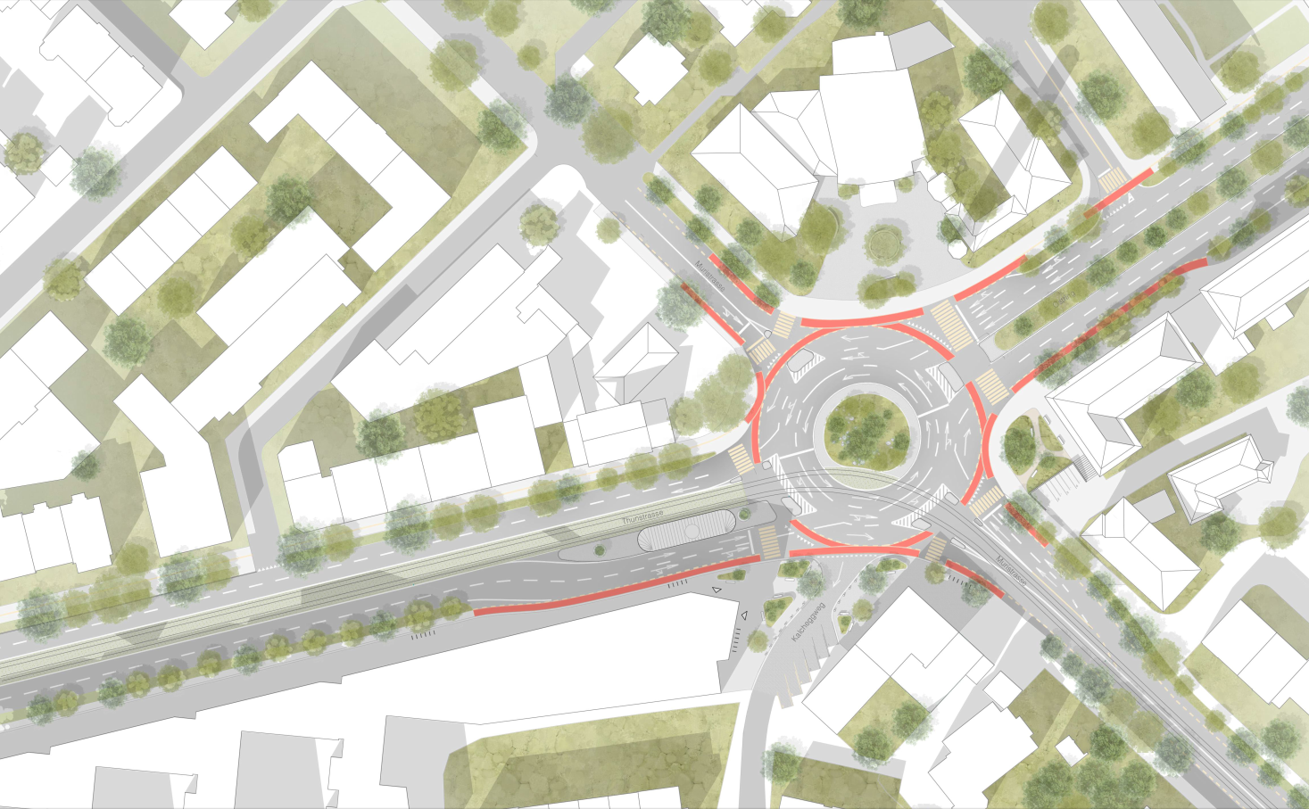 Variante 2 am Burgernziel in Bern, Lageplan mit angepasst em Kreisel, optimierten Querungen, verbesserter Veloführung und integrierter Begrünung
