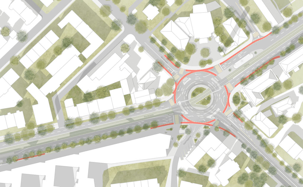 Variante 3 am Burgernziel in Bern, Lageplan mit funktional angepasstem Kreisel, klar getrennten Verkehrsführungen und punktueller Begrünung
