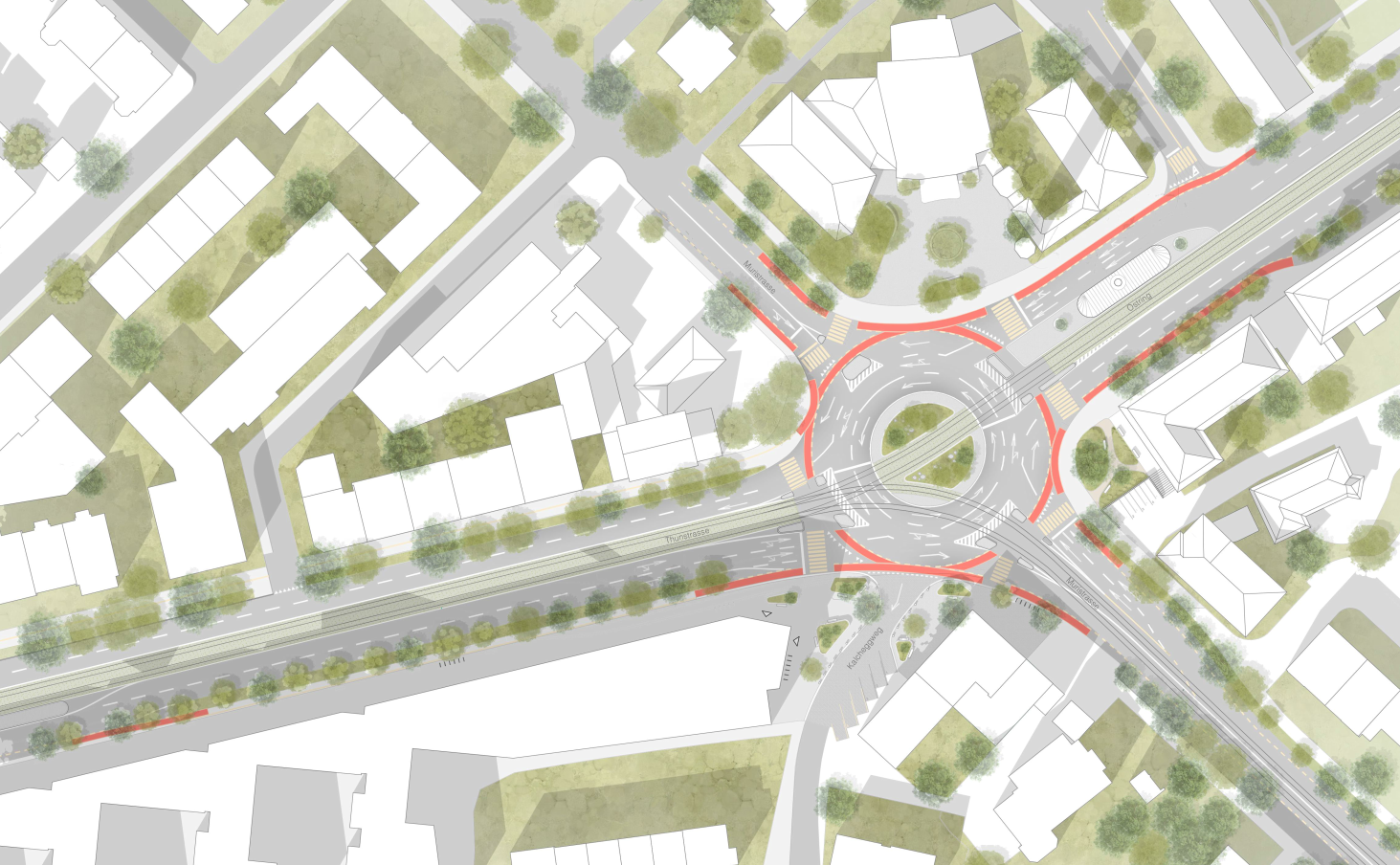 Variante 3 am Burgernziel in Bern, Lageplan mit funktional angepasstem Kreisel, klar getrennten Verkehrsführungen und punktueller Begrünung