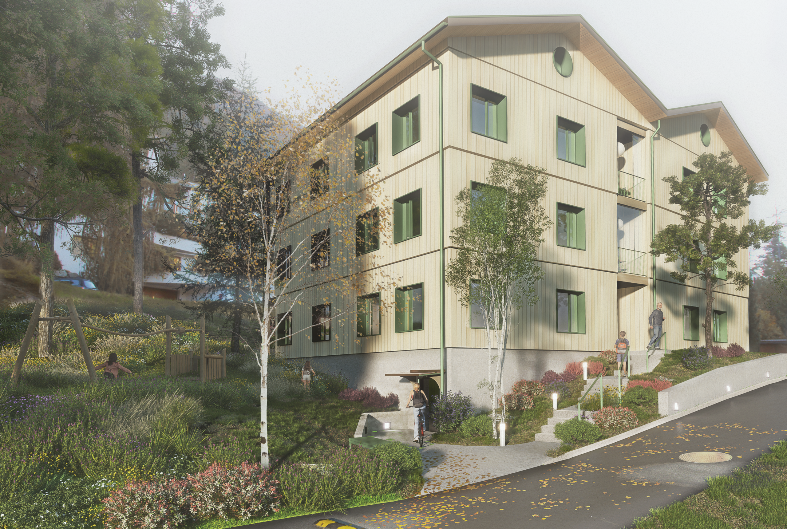 Pilotprojekt 2401 Pontresina, kompaktes Mehrfamilienhaus in Holzbauweise im Oberengadin mit klarer Setzung im Hang