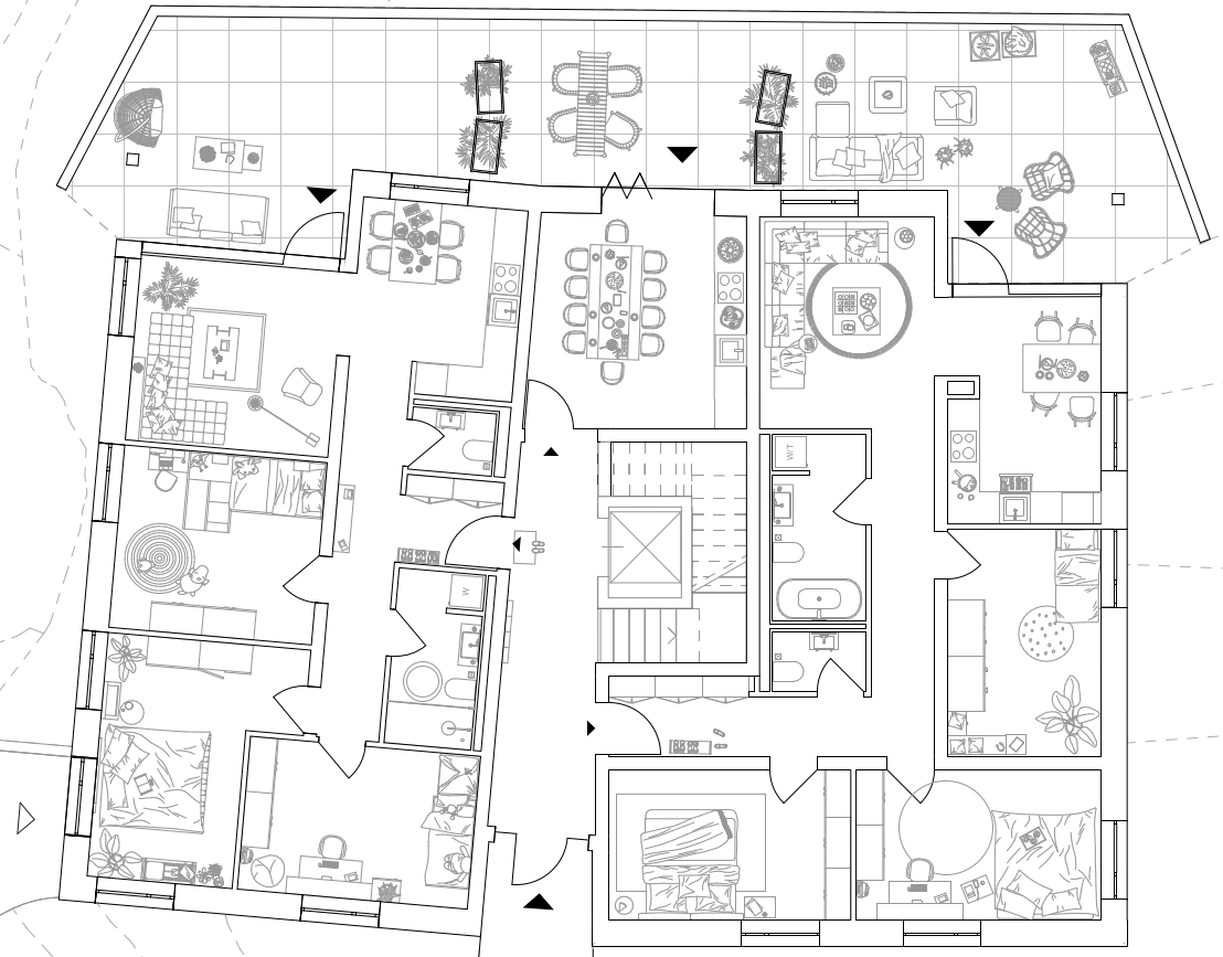 Grundriss Erdgeschoss eines alpinen Mehrfamilienhauses in Holzbauweise mit Gemeinschaftsraum, Erschliessung und direktem Bezug zu Aussenräumen