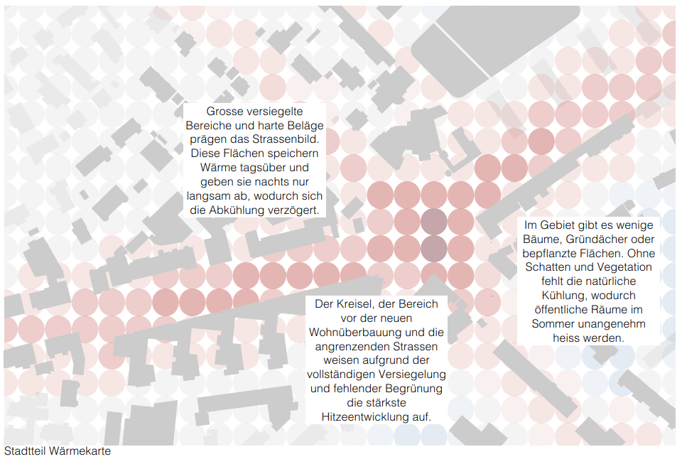 Wärmebelastung im Bereich Burgernziel in Bern, Analyse versiegelter Flächen, fehlender Begrünung und urbaner Hitzeinseln