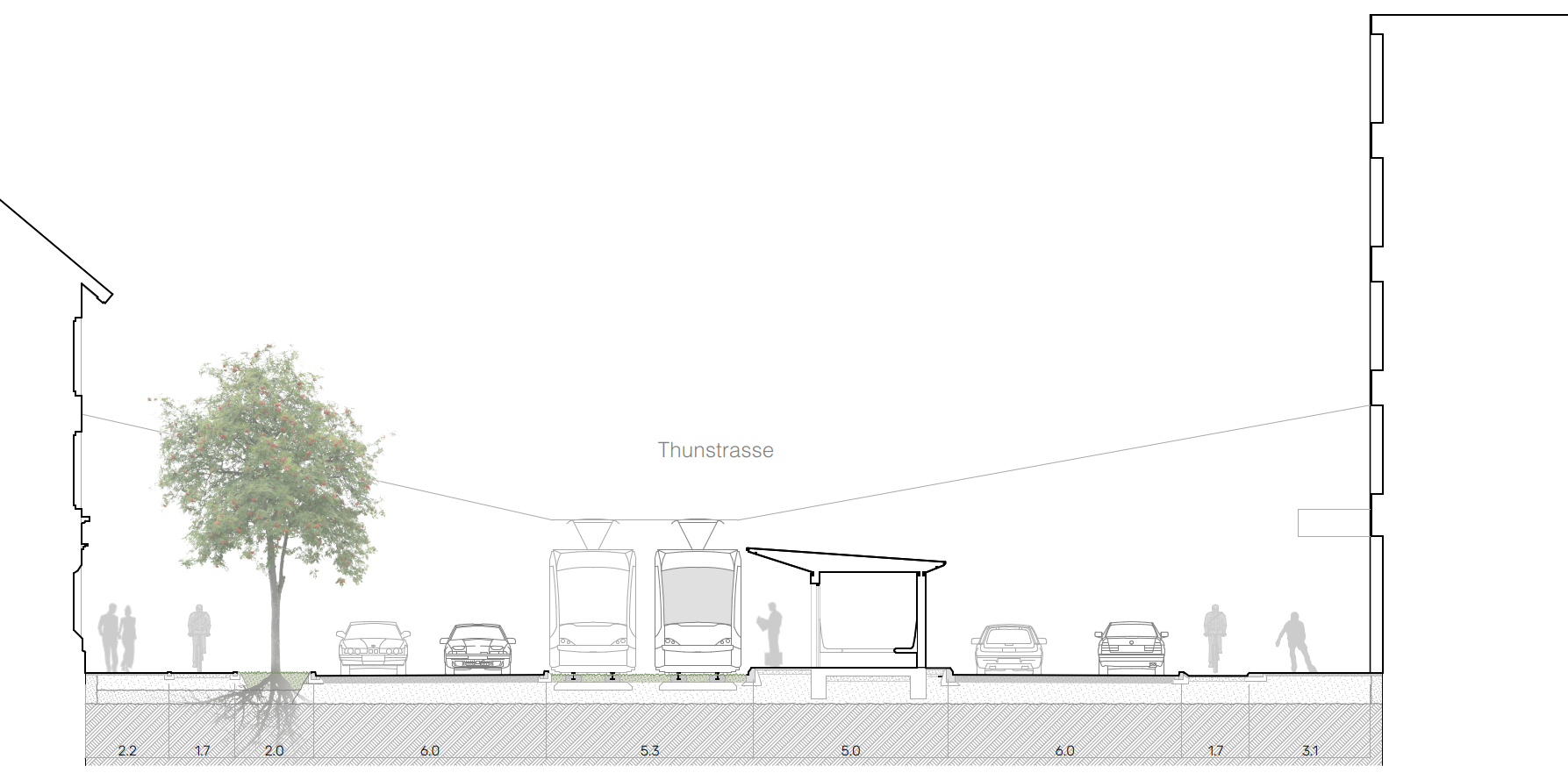 Variante 2 am Burgernziel in Bern, Querschnitt der Thunstrasse mit Tramtrasse, Fahrbahnen, Haltestelle, Gehwegen und Baumbepflanzung