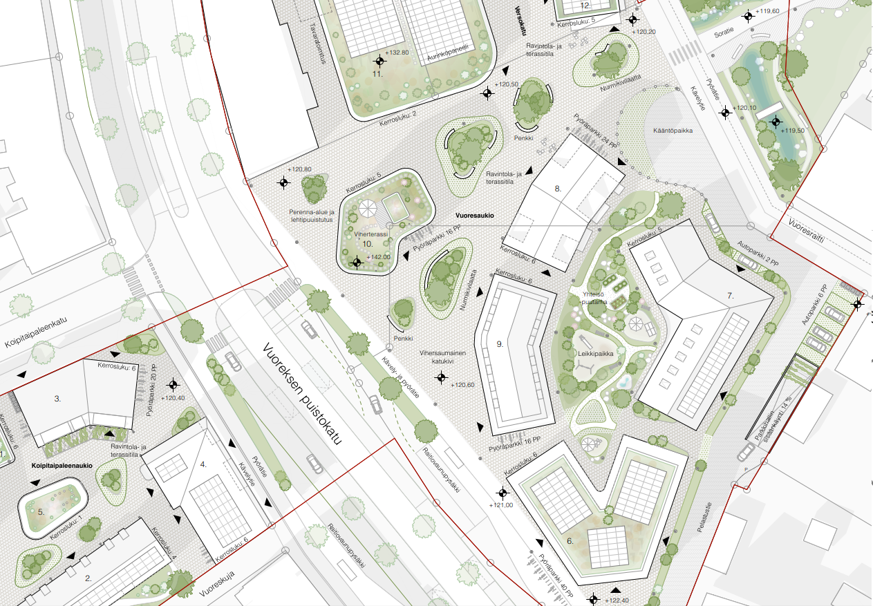 Landschaftsarchitektur Vuores Tampere mit vernetzten Freiräumen, Stadtplatz, Grüninseln, Spielbereichen und fussgängerorientierter Wegeführung
