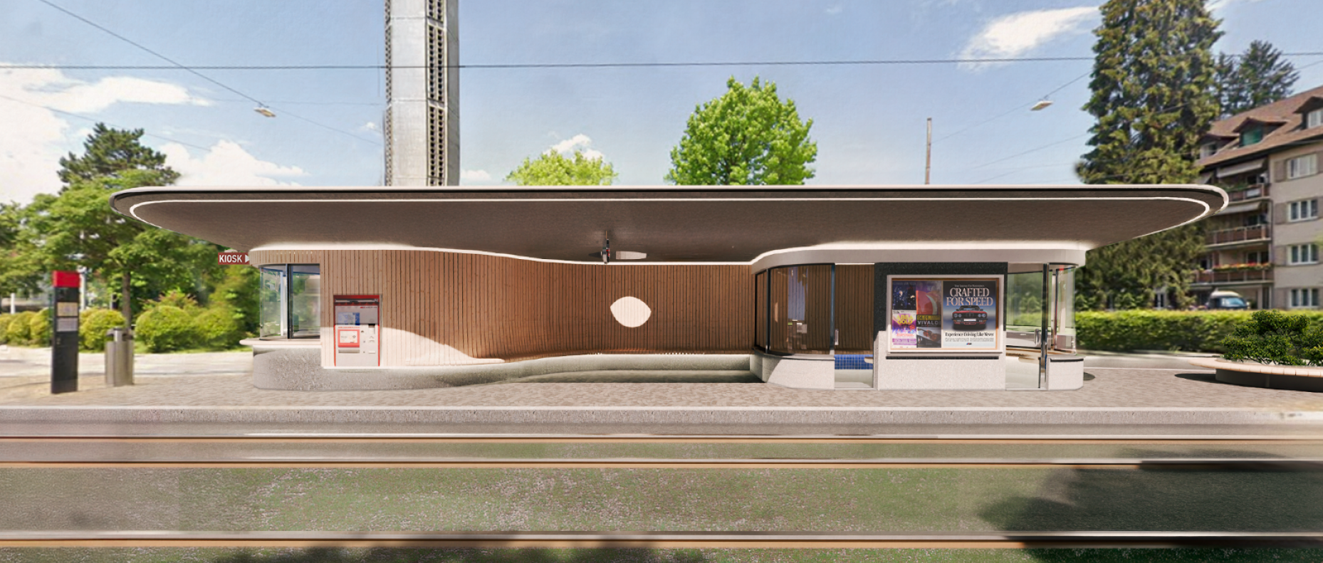 Visualisierung der Tramhaltestelle Burgernziel in Bern mit markantem geschwungenem Dach, Holzfassade, Wartebereich und Gleisanlagen im urbanen Umfeld