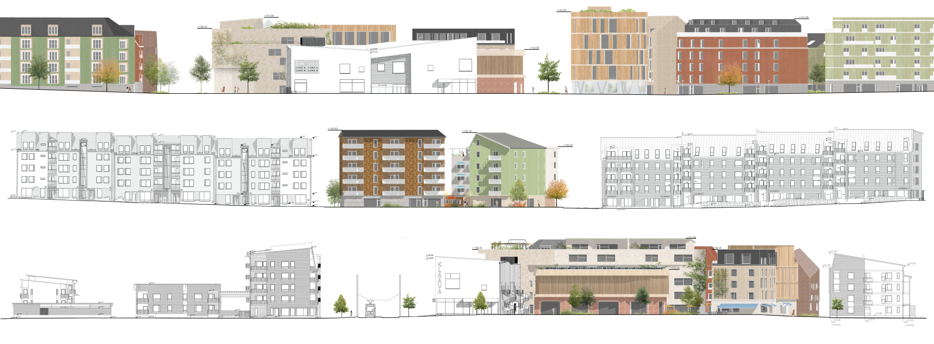 Fassadenansichten Vuores Tampere mit differenzierten Gebäudetypologien, Holz und Ziegelfassaden sowie klar gegliederter Blockrandbebauung