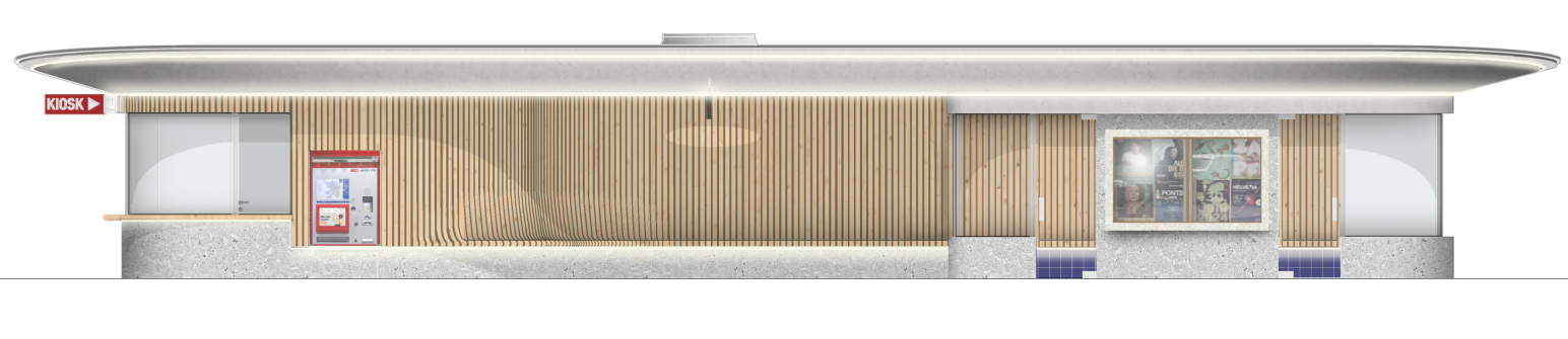 Fassadenansicht der sanierten Tramhaltestelle Burgernziel in Bern mit funktionalistischem Betondach, geöffneter Kioskfront aus Glas, vertikaler Holzverkleidung, umlaufender Holzsitzbank sowie integrierten Wartebereichen als zeitgemässe ÖV-Infrastruktur im öffentlichen Raum