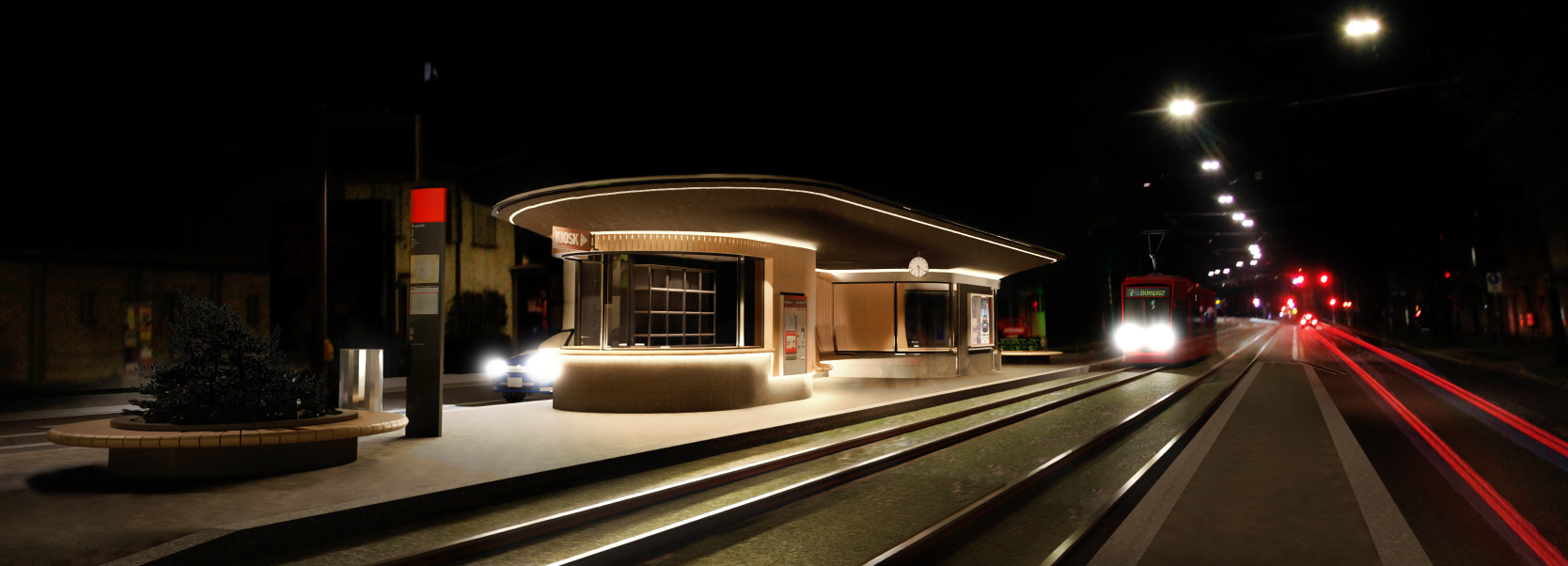 Nachtansicht der sanierten Tramhaltestelle Burgernziel in Bern mit integrierter LED-Beleuchtung, auskragendem Betondach, geöffneter Kioskfront aus Glas und beleuchteten Wartebereichen als sichere ÖV-Infrastruktur im öffentlichen Raum