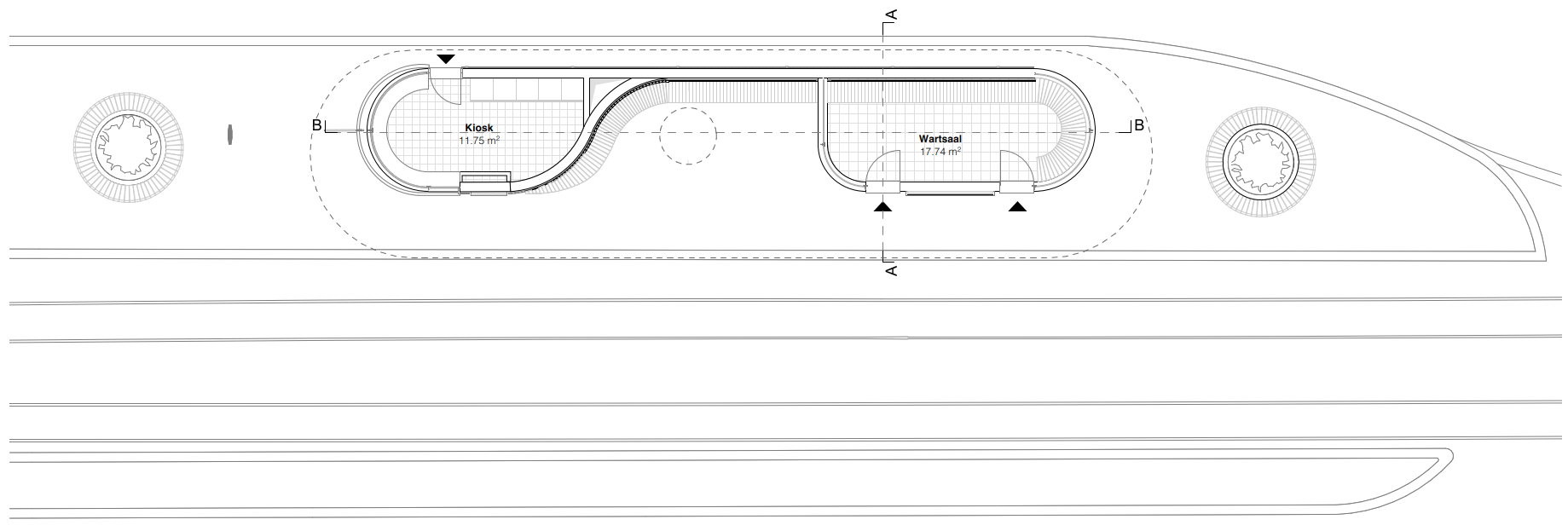 Grundriss der Tramhaltestelle Burgernziel in Bern mit Kiosk und Wartesaal, klarer Raumorganisation, barrierefreien Zugängen und integrierten Wartebereichen als Teil der ÖV-Infrastruktur im öffentlichen Raum