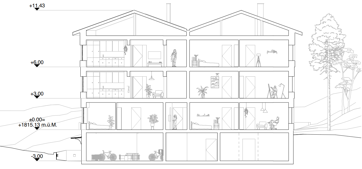 Gebäudeschnitt eines alpinen Mehrfamilienhauses in Holzbauweise im Oberengadin mit klarer Geschossstruktur, Hanglage und differenzierten Wohnungstypologien