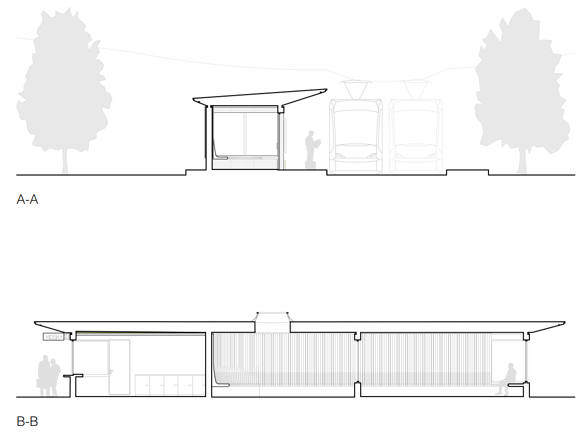 Schnittdarstellung der Tramhaltestelle Burgernziel in Bern mit Querschnitten A A und B B, Darstellung von Dachform, Wartebereich, Kiosk und Gleislage im städtischen Raum