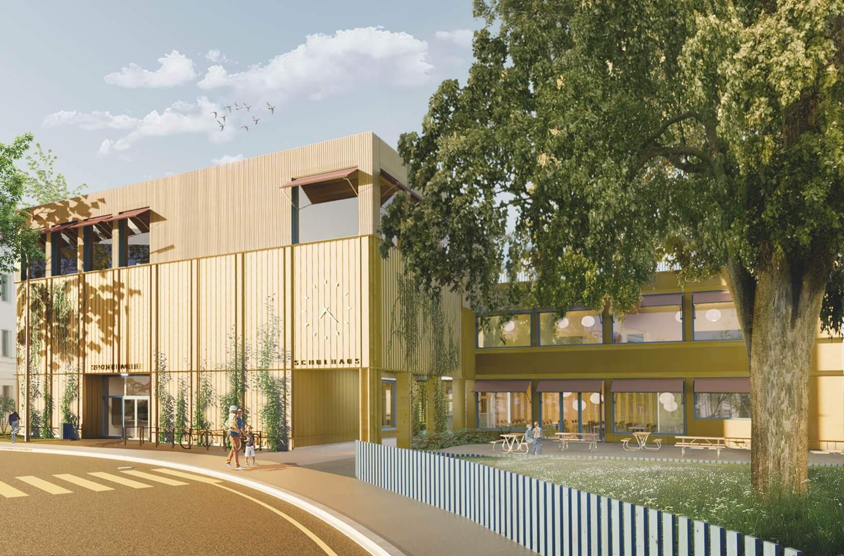 Schulgebäude mit Doppelsporthalle in Holzbauweise in Zürich Seefeld, klare Architektur, integrierte Aussenräume.