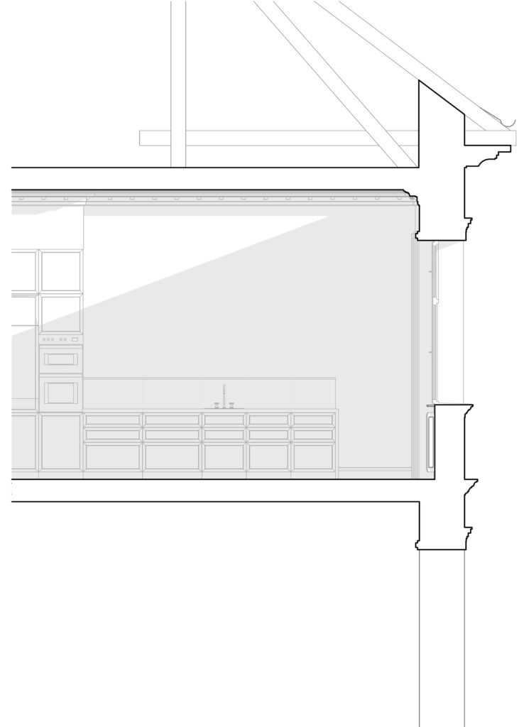 Schnittdetail der Altbauwohnung in Zürich mit Küchenzeile, Stuckdecke und profilierter Fassade