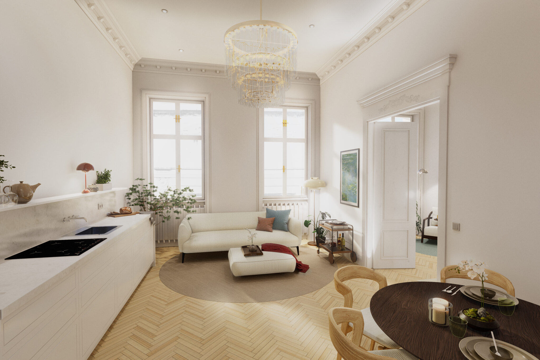 Wohnungsumbau Zürich Stadelhofen, sanierter Altbau mit Fischgrätparkett, Stuckdecke, Handwerk Küche, Naturstein Arbeitsplatte und klassischer Innenarchitektur.