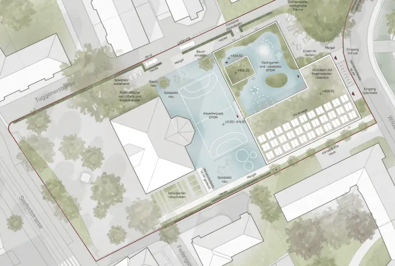 Situationsplan Schul und Sportanlage Zürich Seefeld mit Landschaftsarchitektur und Freiraumplanung, Erhalt bestehender Bäume, Denkmalschutz, Spiel und Bewegungsflächen, Grünräume mit Regenwasserrückhaltung