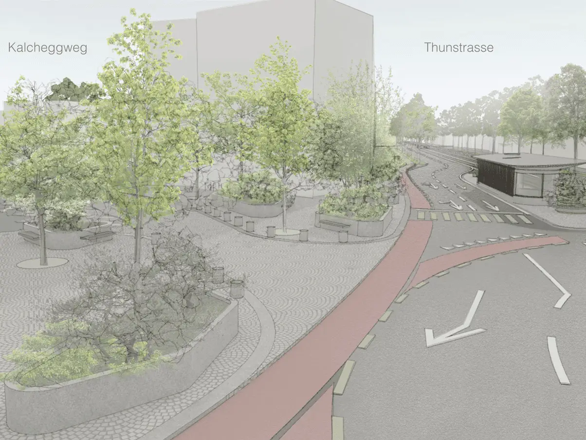 Landschaftsarchitektur, Begrünungskonzept für den Kreisel Bern Burgernziel als öffentlicher Aufenthaltsort mit Bäumen, Freiraumplanung, Schwammstadtprinzip und Flächen für Begegnung und Aufenthalt im urbanen Raum.