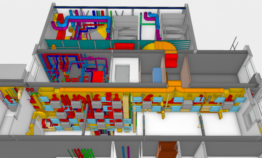 BIM-Modell eines Technikbereichs mit farblich codierten HLKS-Installationen und koordinierter Leitungsführung