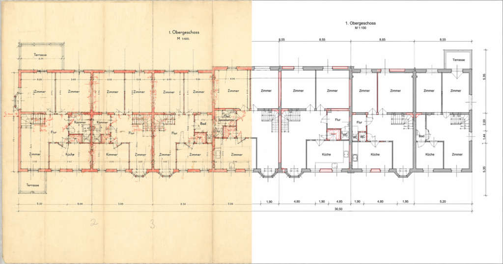Plandigitalisierung: historischer handgezeichneter Grundriss neben dem digitalisierten CAD-Plan mit Bemassung