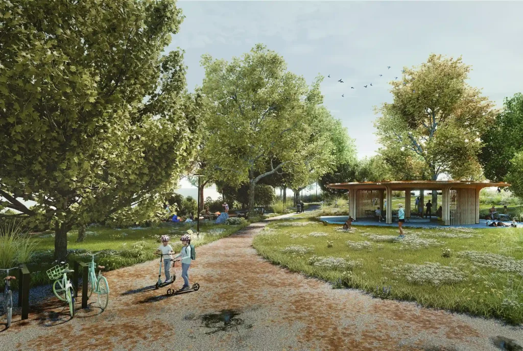 Grabenhof Park Kriens Luzern Süd mit naturnaher Freiraumplanung, Kiesweg, Bäumen, Pavillon, Spiel- und Aufenthaltsbereichen im klimaresilienten Park