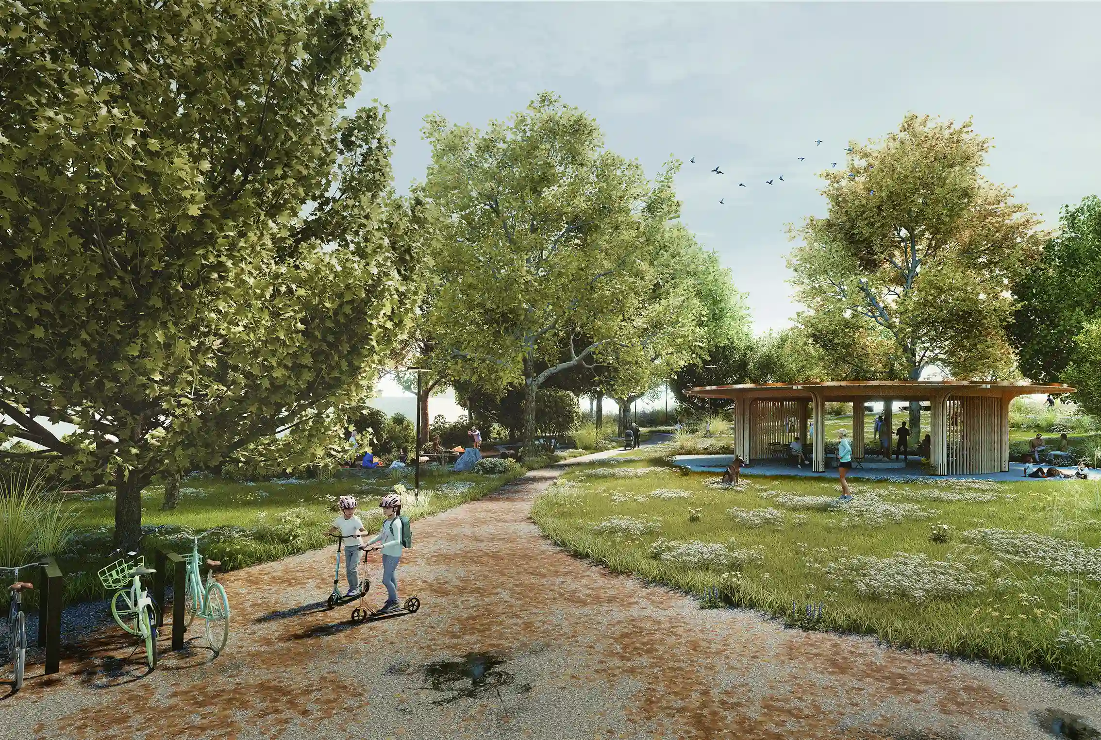 Grabenhof Park Kriens Luzern Süd mit naturnaher Freiraumplanung, Kiesweg, Bäumen, Pavillon, Spiel und Aufenthaltsbereichen im klimaresilienten Park